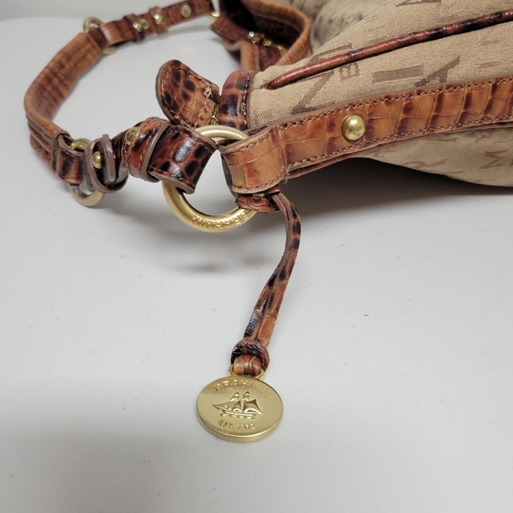 Brahmin Monogram Tan And Brown Canvas Croc Leather Shoulder Bag. - Picture 10 of 16
